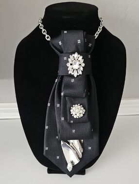 Beautiful Black Statement Necktie Necklace with Crystal Accents